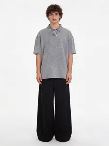 Men's Vintage Washed Heavyweight Polo Shirt Loose Fit Oversize Short Sleeve Casual Combed Cotton Tee Top