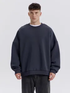 Sudadera de Algodón de Corte Holgado Manga Larga Cuello Redondo Color Sólido Casual para Hombre Top Jersey Streetwear Básico