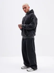 Vintage acid washed grey zip up hoodie and wide leg sweatpants casual streetwear set.
