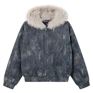 Detailed view of winter thickened hooded cotton jacket with fur trim and vintage denim look.