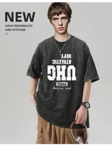 Vintage acid wash short sleeve t-shirt for men, oversized casual crewneck streetwear top.