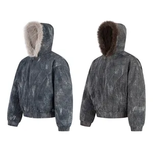 Detailed view of the distressed winter hooded puffer jacket with plush fur trim and zip closure.