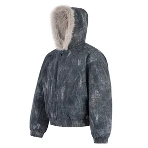 Winter men's hooded padded jacket with faux fur trim, distressed thermal cotton coat.
