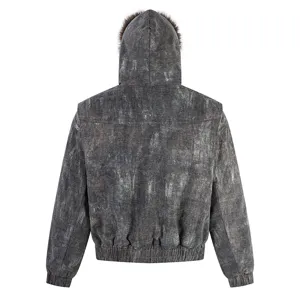 Men's winter thick hooded padded jacket with faux fur trim, distressed dark grey outerwear.