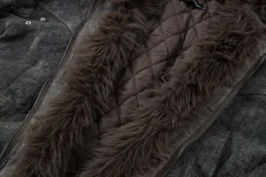 Winter thick warm cotton jacket detail view featuring cozy faux fur collar and quilted lining.