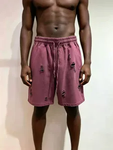 Distressed retro washed sweatshorts with elastic drawstring waist for men detail.