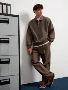 Men's long sleeve polo sweatshirt solid color minimalist casual top autumn style