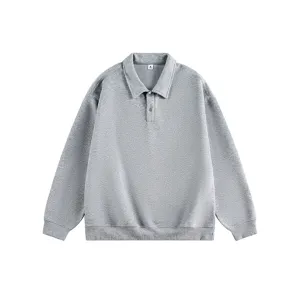 Men's solid grey long sleeve polo sweatshirt, classic lapel collar with buttons, casual daily wear.