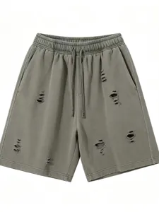 Men's vintage washed distressed loose fit casual drawstring five-point shorts main view