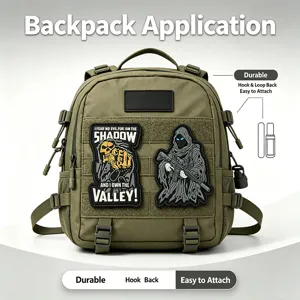 Tactical backpack with PVC morale patches featuring ghost warrior design and hook loop backing.