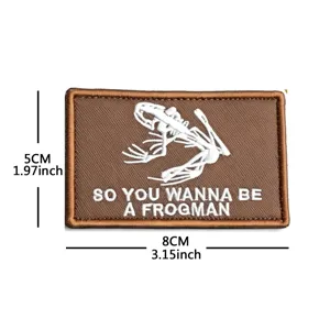 Detailed view of the embroidered skeleton frog morale patch with clear dimension markings.