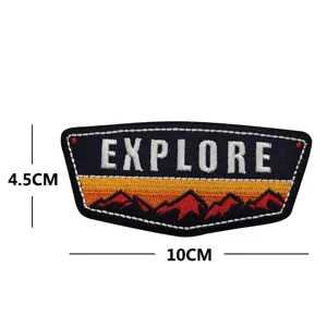 Outdoor adventure embroidered morale patch with explore mountain design and size specs.
