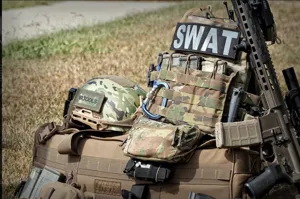 Detailed shot of tactical morale patch and military backpack badge with rugged outdoor style.