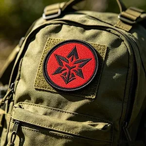 Dettaglio di zaino tattico con toppa rossa e nera, accessorio per equipaggiamento da esterno resistente.