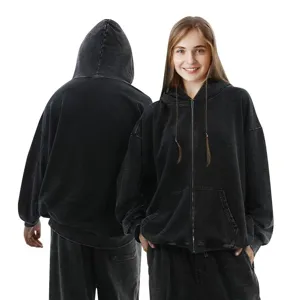 Heavyweight washed zip-up hoodie for men and women, vintage oversized distressed black outerwear.