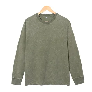 Vintage washed dark green long sleeve crewneck t-shirt for men, loose casual streetwear top.