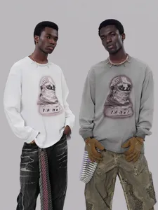 Men's Vintage Long Sleeve T-Shirt Casual Loose Oversize Crew Neck Cotton Tee With Graphic Print Streetwear Fashion Top