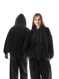 Men's American Vintage Washed Full Zip Up Hooded Sweatshirt Heavyweight French Terry Casual Loose Fit Hoodie Jacket