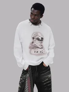 Retro long sleeve graphic t-shirt for men, oversized casual streetwear crewneck top.