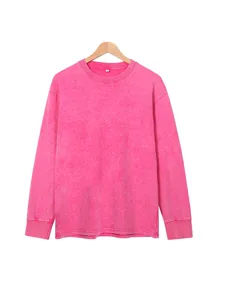 Vintage distressed pink crewneck long sleeve t-shirt for men, loose casual hip hop style.