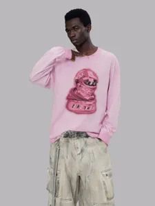 Men's vintage long sleeve t-shirt loose oversize graphic streetwear casual top pink