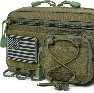Tactical EDC utility pouch detail, military green MOLLE medical bag with zipper and flag patch.