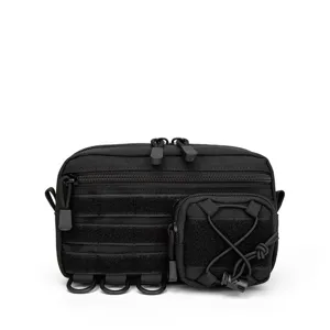 Close-up of tactical EDC pouch showing durable MOLLE webbing, elastic cords, and zipper details.
