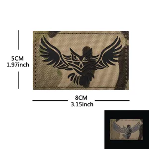 Tactical owl morale patch detail showing laser-cut embroidery craftsmanship and size dimensions.