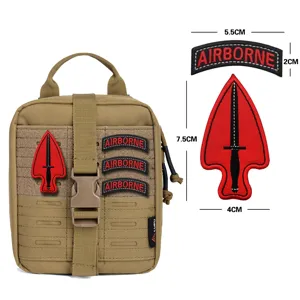 Tactical pouch with embroidered airborne and dagger patch set, durable khaki utility bag.