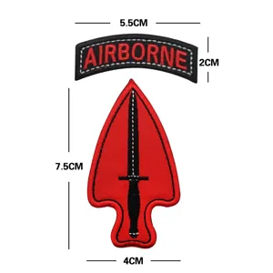 Airborne tactical embroidered patch set with red and black design, military morale badge.