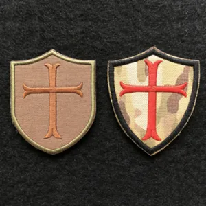 Embroidered cross shield morale patch set, high quality hook loop badge for tactical gear.