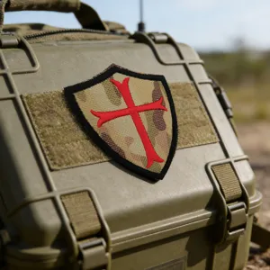 Embroidered red cross shield tactical patch, crusader morale badge for military gear detail.