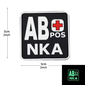 PVC tactical blood type AB POS NKA medical patch hook and loop for military tactical backpack