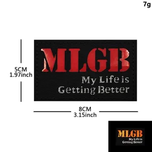 Detailed view of the black tactical patch featuring reflective red MLGB lettering and dimensions.