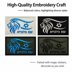 Embroidered hook and loop patch with lion head and Star of David, Hebrew tactical badge.