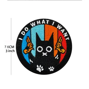 Parche bordado de gato negro redondo con texto I do what I want, insignia táctica de 7,6 cm.