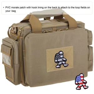 Tactical backpack detail featuring Bigfoot US flag PVC morale patch with hook and loop backing.
