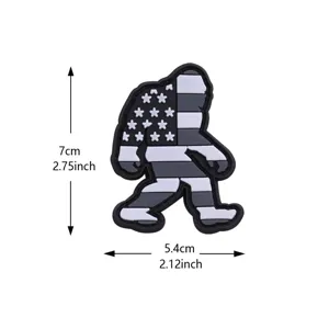 Detailed view of PVC rubber Bigfoot tactical morale patch with US American flag design and size info.