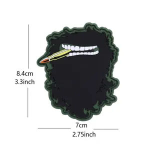 Parche táctico de PVC con diseño de barba, bala y dientes, insignia de velcro duradera.