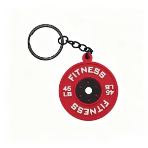 Llavero de goma suave PVC colgante disco de barra de fitness rojo negro anillo metal