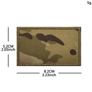 Tactical morale patch detail view showing multicam pattern, size 5.2x8.2cm embroidery badge.