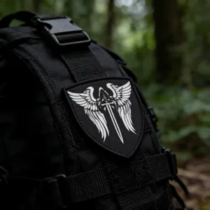 Close-up of tactical backpack morale patch featuring dark angel wings and sword design detail.