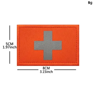 Orange tactical patch with reflective grey cross, 8x5cm embroidery medical morale patch.