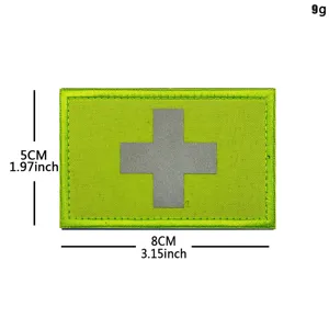 Fluorescent green tactical first aid cross embroidered patch with reflective design