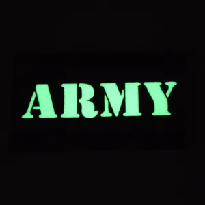 Glow in the dark tactical military ARMY morale patch close up view, hook and loop backing.
