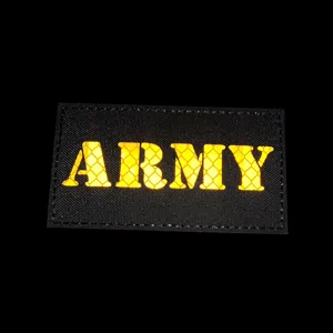 Tactical military patch with reflective ARMY text, durable hook and loop badge for outdoor gear.