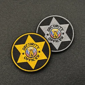 Security officer embroidered patch tactical hook and loop badge uniform accessory detail.