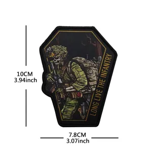 Military tactical coffin embroidered patch featuring skeleton infantry design with hook.