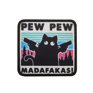Funny black cat with guns embroidered patch, tactical morale hook and loop badge for clothing.