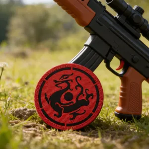 Close-up detail of the red and black embroidered dragon totem tactical patch on grass.